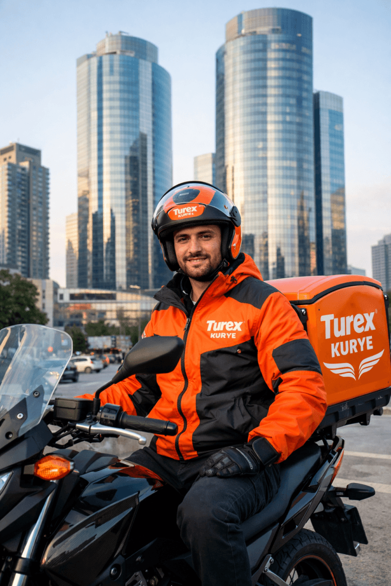 Ataşehir kurye – turex Moto kurye Ataşehir iş kuleleri önünde, Turuncu-Siyah üniformasıyla teslimata hazır.