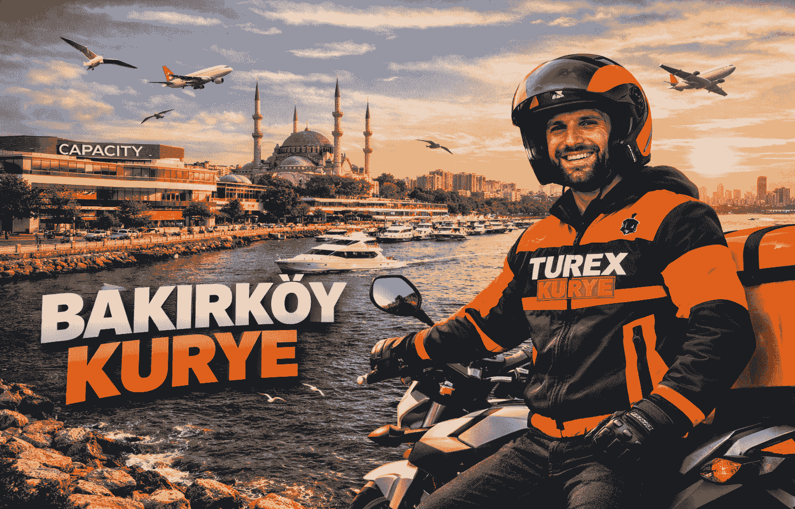 Turex Kurye motorlu kurye, Bakırköy sahilinde Ataköy Marina ve Capacity AVM manzarasıyla teslimat yapıyor.