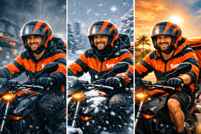 Expres kurye yağmurda, karda ve sıcakta güler yüzlü turex Expres kurye motosikletli Teslimat Hizmeti.