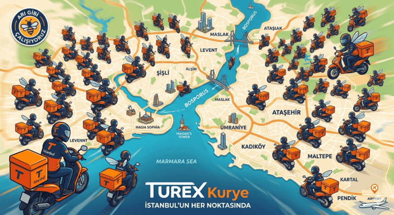 İstanbul haritası üzerinde turex kurye scooterları, arı kanatlı kuryelerle Tüm ilçelerde Hizmet.