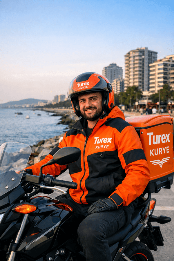 Maltepe kurye – turex Moto kurye Maltepe sahilinde, Turuncu-Siyah üniformasıyla teslimata hazır.