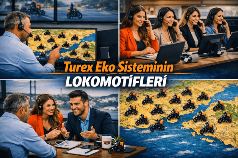 turex kurye ekosistemi Görseli: operasyon Merkezi, sekreterler, Pazarlamacılar ve İstanbul haritasında dağılmış Moto kuryeler. markanın Hız, Güven ve koordinasyon gücünü temsil eden Kurumsal kompozisyon.