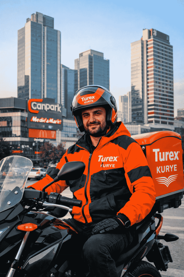 Ümraniye kurye – turex Moto kurye canpark AVM önünde, Turuncu-Siyah üniformasıyla teslimata hazır.