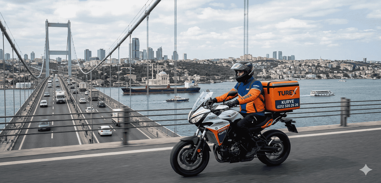 Turex Kurye motosikletli kuryesi, İstanbul Boğaz Köprüsü'nde hızlı ve güvenilir teslimat hizmeti verirken.