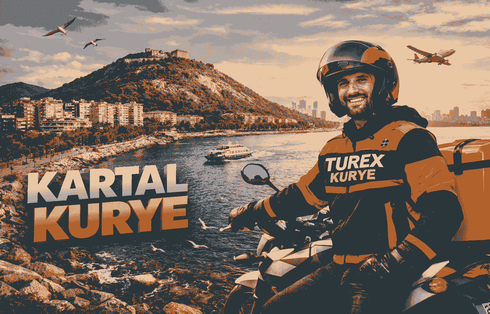 Turex Kurye motorlu kurye, Kartal sahilinde Dragos Tepesi manzarasıyla teslimat yapıyor.